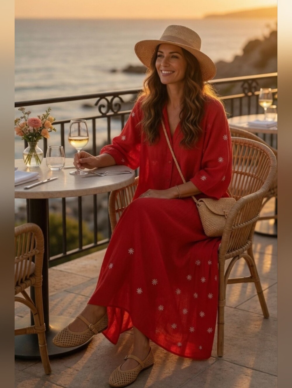 Sundress Revolve Red Button Maxi Dress Tiered Embroidered Floral Daisy's Flowy